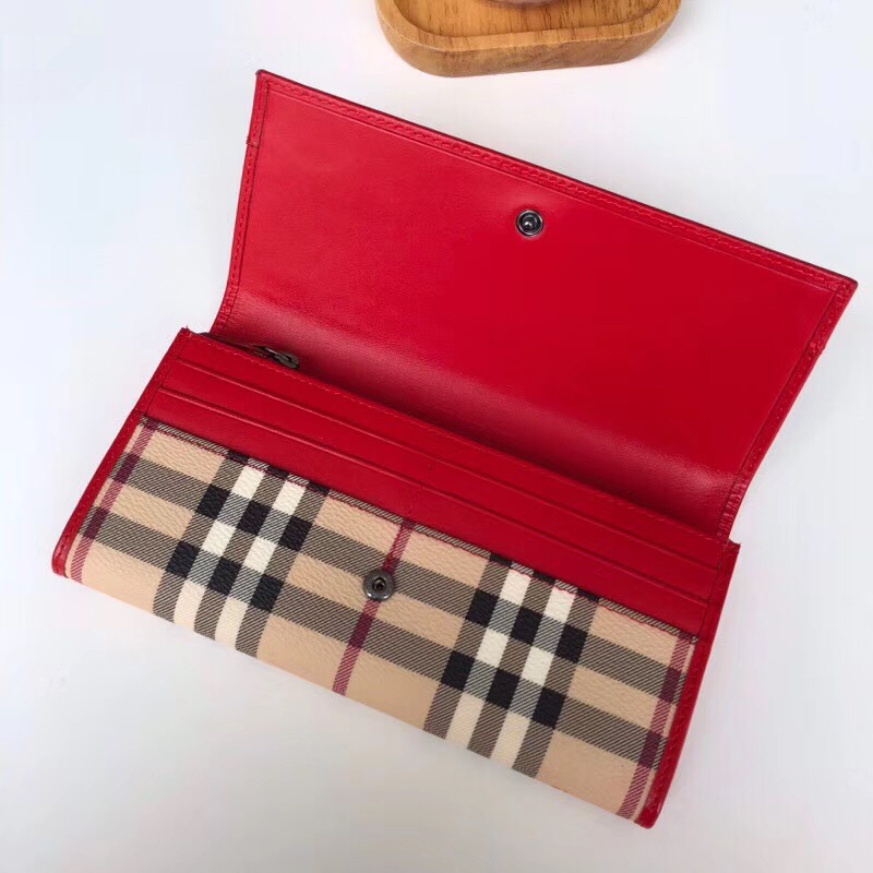 Burberry巴寶莉 經典格紋按扣 戰馬印花 女士長款錢包 大紅