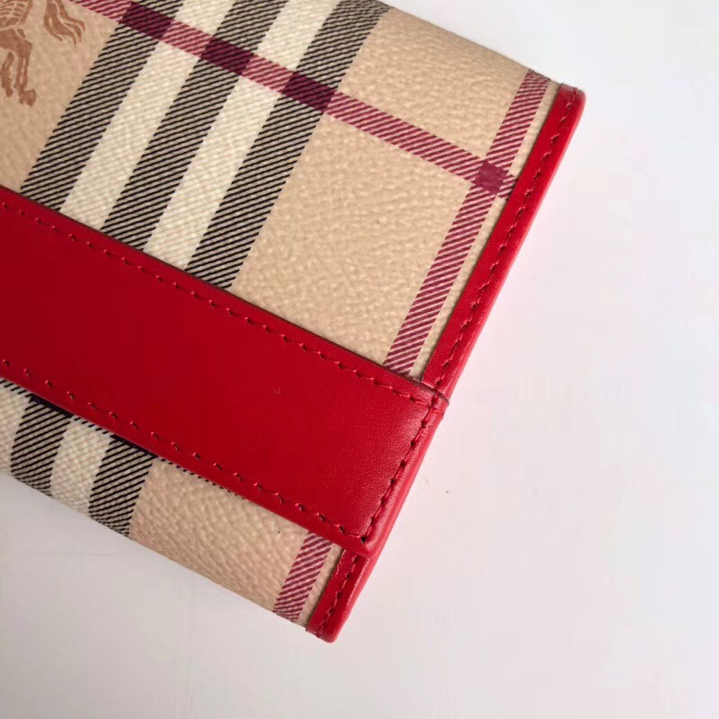 Burberry巴寶莉 經典格紋按扣 戰馬印花 女士長款錢包 大紅