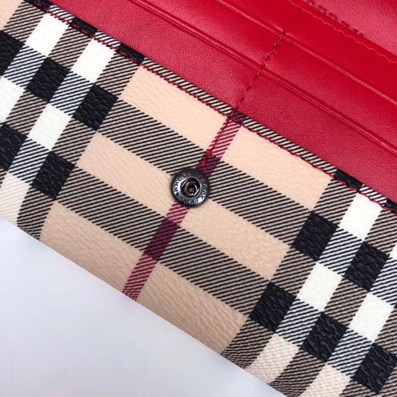 Burberry巴寶莉 經典格紋按扣 戰馬印花 女士長款錢包 大紅