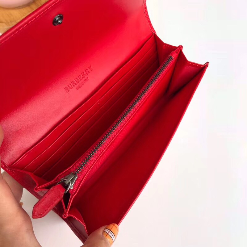 Burberry巴寶莉 經典格紋按扣 戰馬印花 女士長款錢包 大紅
