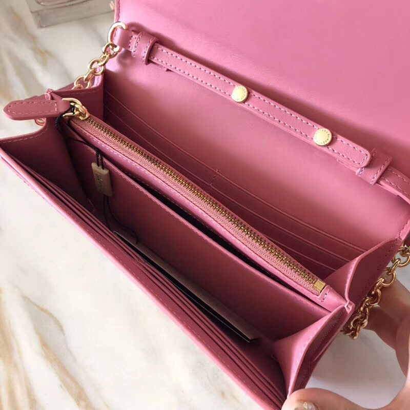40732211 Burberry Vintage格紋 拼皮革 戰(zhàn)馬印花 鏈飾錢夾 粉色