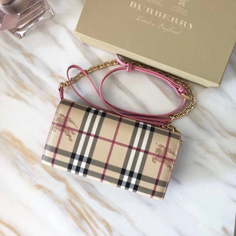 40732211 Burberry Vintage格紋 拼皮革 戰(zhàn)馬印花 鏈飾錢夾 粉色