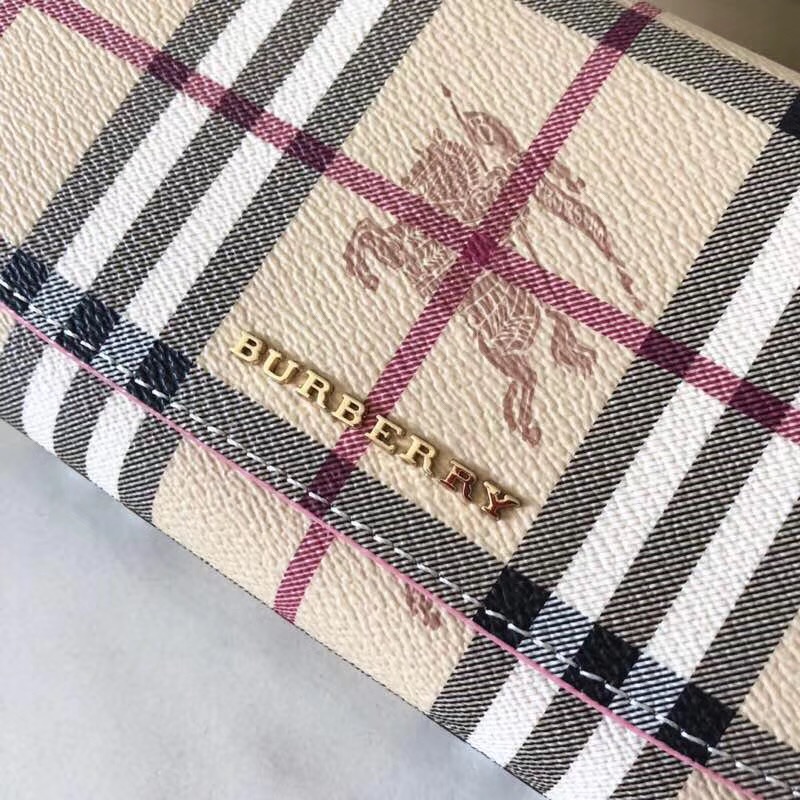 40732211 Burberry Vintage格紋 拼皮革 戰(zhàn)馬印花 鏈飾錢夾 粉色