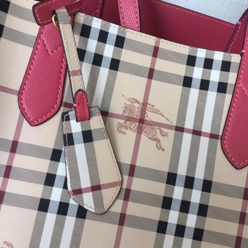 Burberry巴寶莉 Haymarket格紋 拼色雙面 購物袋 手提女包 淡紅