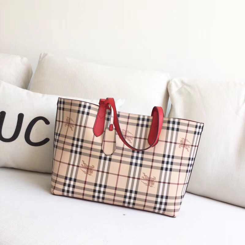 Burberry巴寶莉 Haymarket格紋 拼色雙面 購物袋 手提女包 大紅