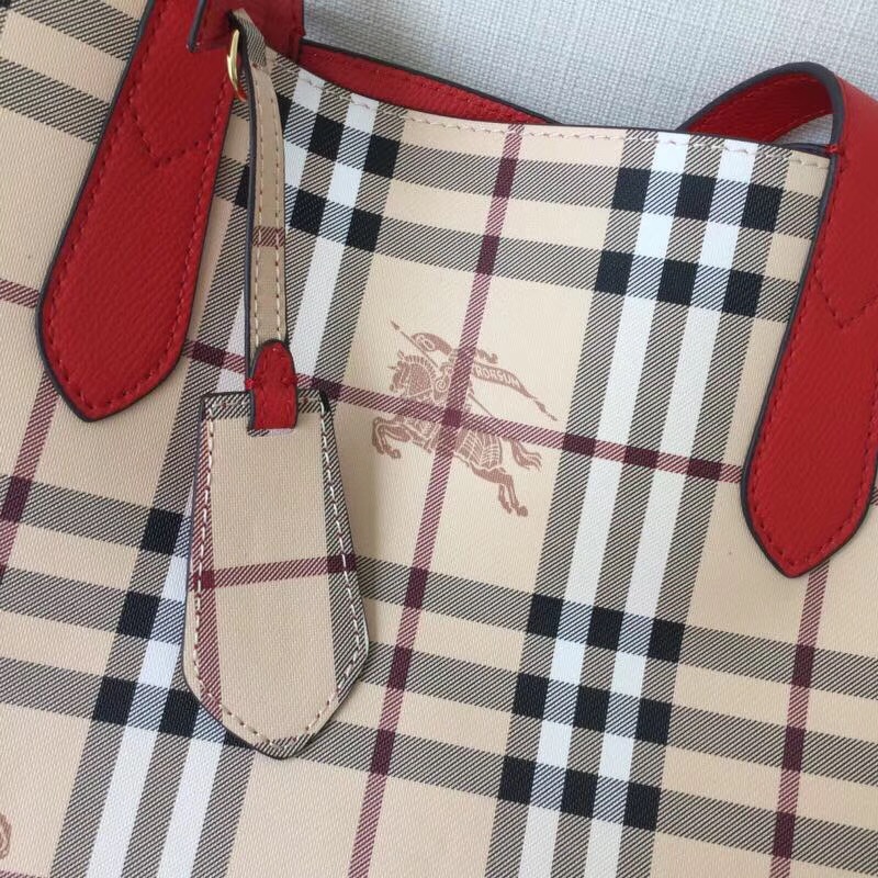 Burberry巴寶莉 Haymarket格紋 拼色雙面 購物袋 手提女包 大紅