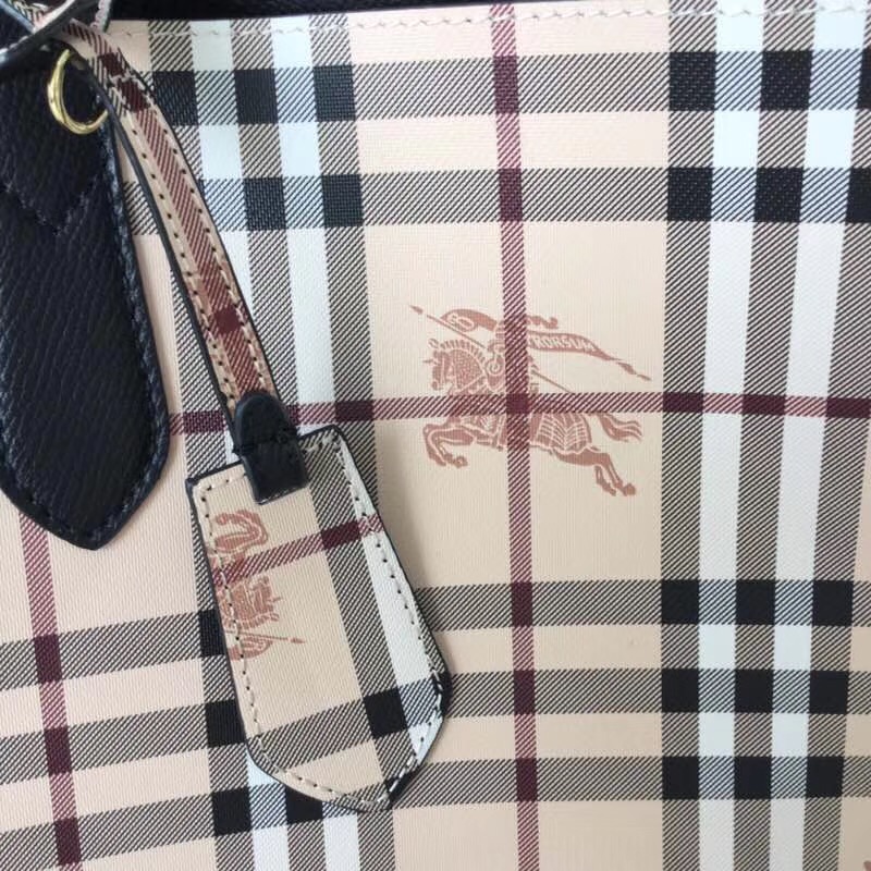 Burberry巴寶莉 Haymarket格紋 拼色雙面 購物袋 手提女包 黑色