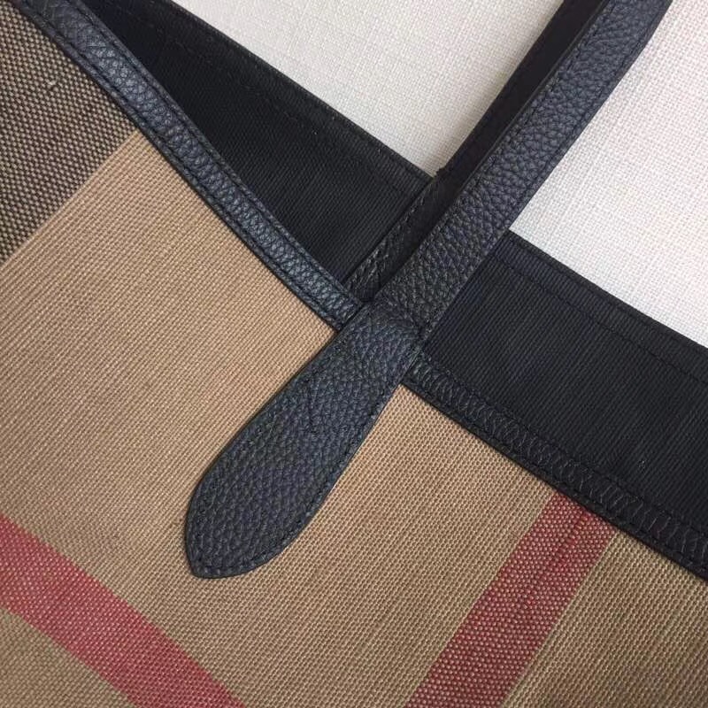 Burberry巴寶莉 手提包 涂鴉印花 Canvas 格紋 雙面購物袋 黑色