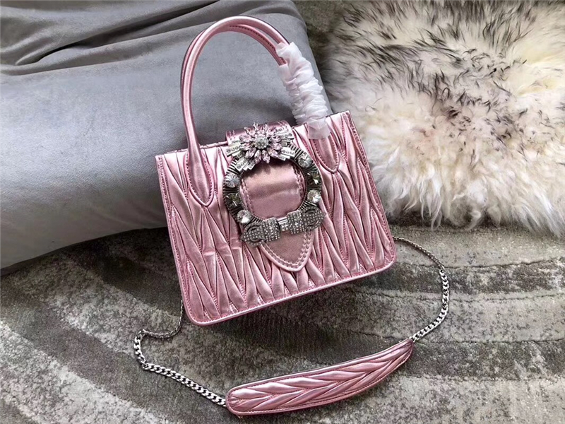 5BA081 專柜新款 MIU LADY 小羊皮 仿水晶大鉆裝飾 手提肩包 粉色