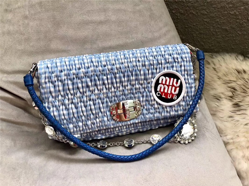 5BD233 MIUMIU繆繆 專柜新款 提花壓紋 鉆石鏈條包 藍格子