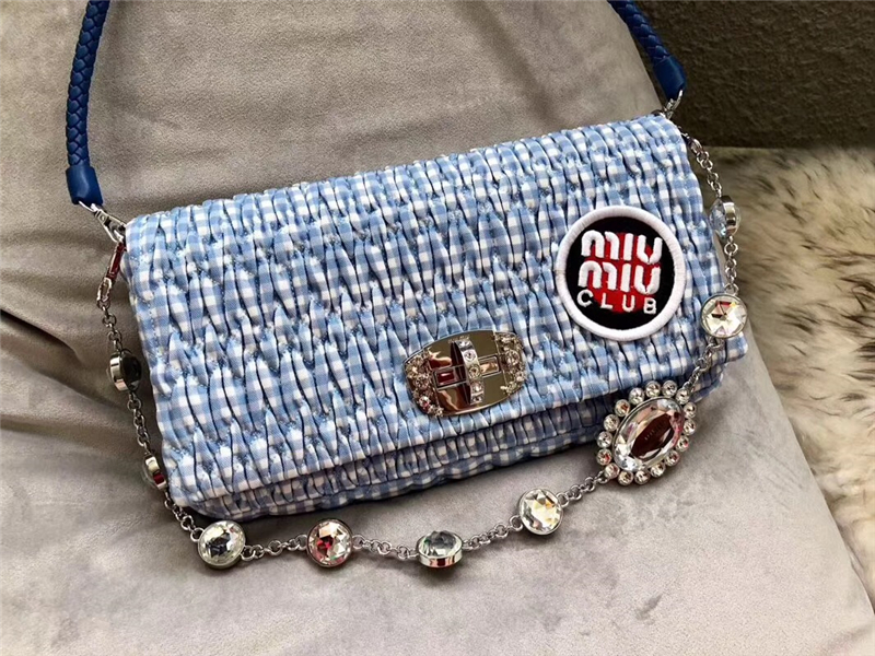 5BD233 MIUMIU繆繆 專柜新款 提花壓紋 鉆石鏈條包 藍格子