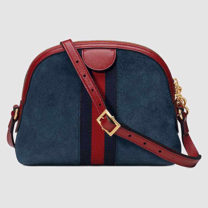 499621 GUCCI GG雙拉鏈 拼皮絨面 織帶 貝殼包 藍色