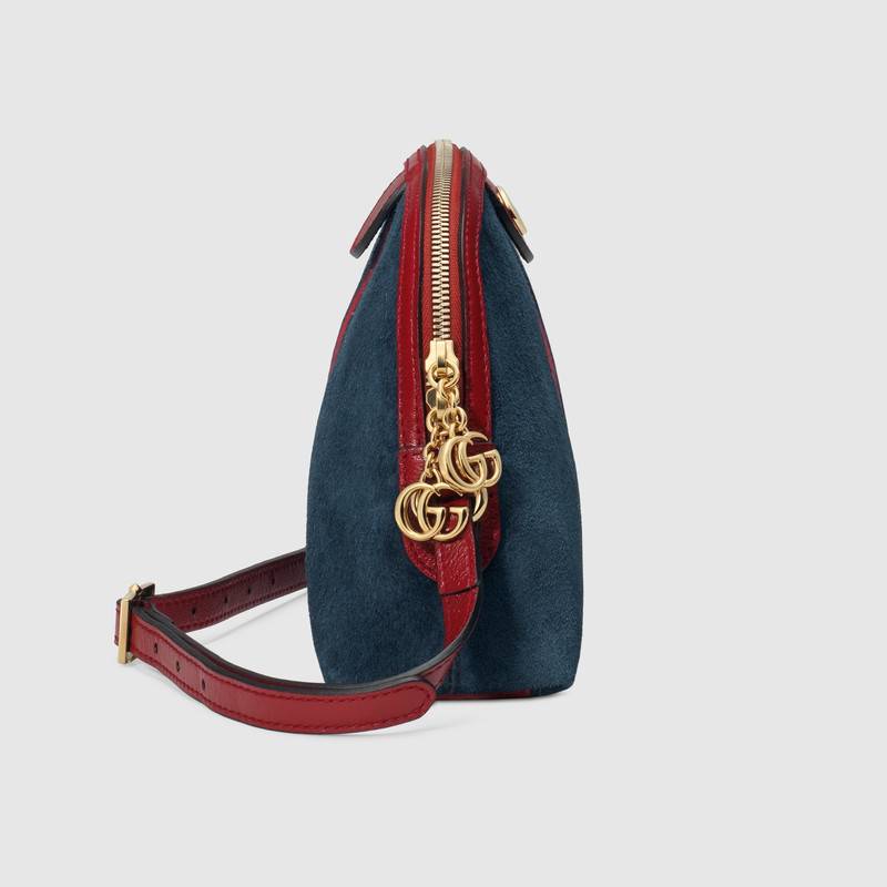 499621 GUCCI GG雙拉鏈 拼皮絨面 織帶 貝殼包 藍色