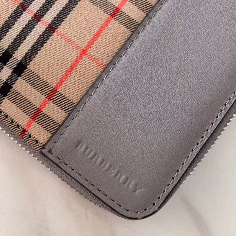 40780591 Burberry巴寶莉 最新 1983格紋拼皮革 全拉鏈長款錢夾 灰色