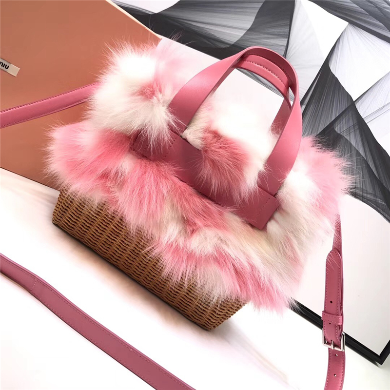 5BA097 MIUMIU女包 謬謬手提包 狐貍毛手袋 小羊皮包包 粉紅狐貍毛