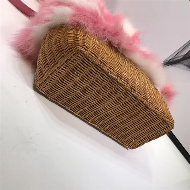 5BA097 MIUMIU女包 謬謬手提包 狐貍毛手袋 小羊皮包包 粉紅狐貍毛