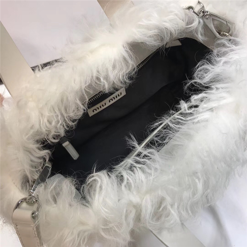 5BA097 MIUMIU女包 謬謬手提包 狐貍毛手袋 小羊皮包包 白色狐貍毛