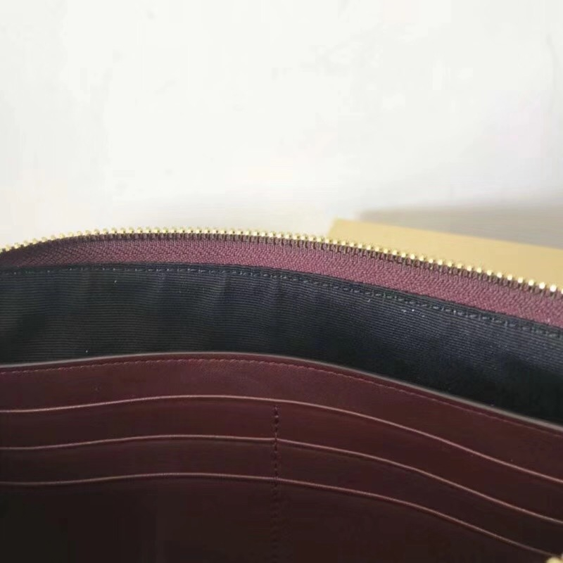 Burberry巴寶莉 House 格紋拼粒紋皮革 拉鏈收納袋 棗紅色