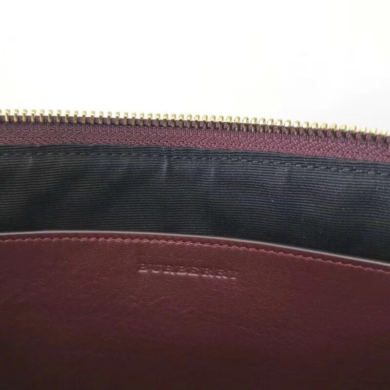 Burberry巴寶莉 House 格紋拼粒紋皮革 拉鏈收納袋 棗紅色