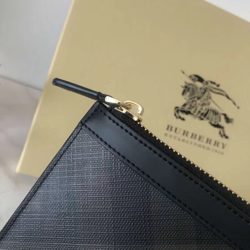 Burberry巴寶莉 House 格紋拼粒紋皮革 拉鏈收納袋 黑啡