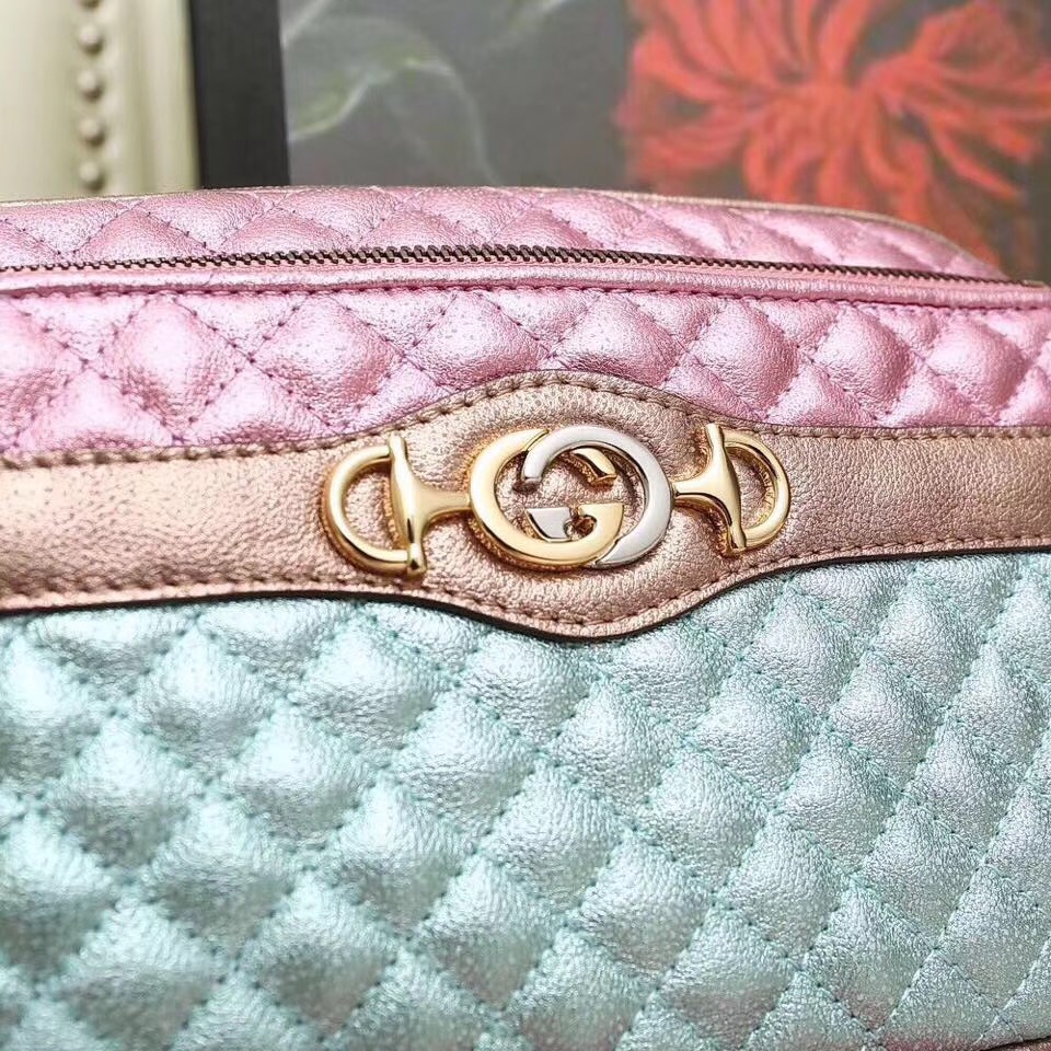 540985 GUCCI 2018早秋 微粒珠光小羊皮 拼色小方包 粉拼綠