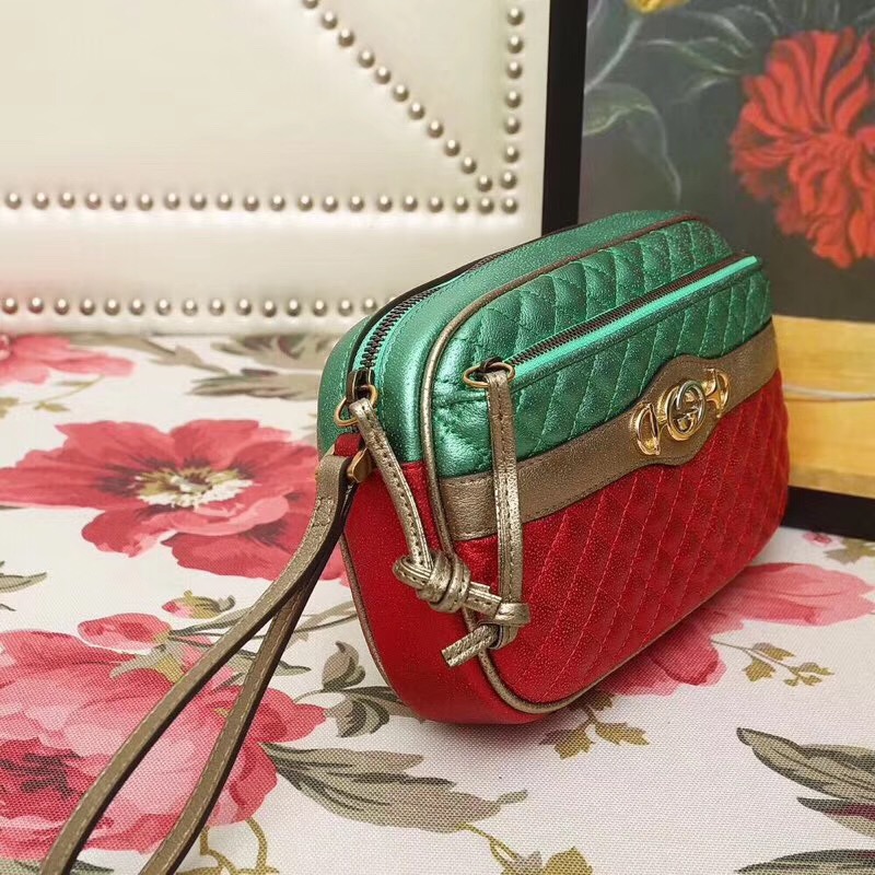 540985 GUCCI 2018早秋 微粒珠光小羊皮 拼色小方包 綠拼紅