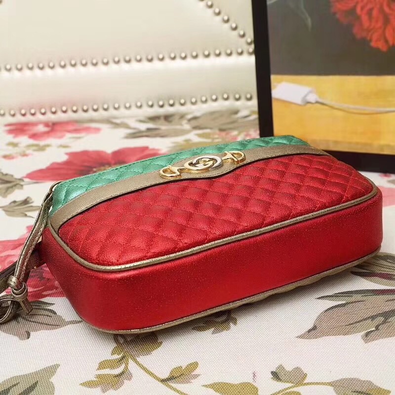 540985 GUCCI 2018早秋 微粒珠光小羊皮 拼色小方包 綠拼紅