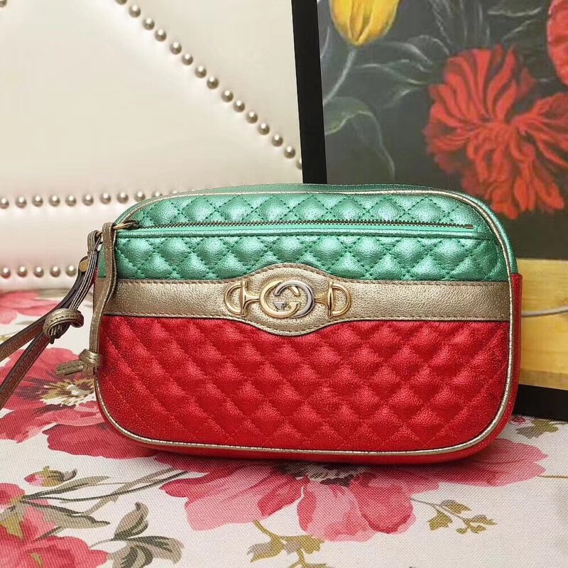 540985 GUCCI 2018早秋 微粒珠光小羊皮 拼色小方包 綠拼紅