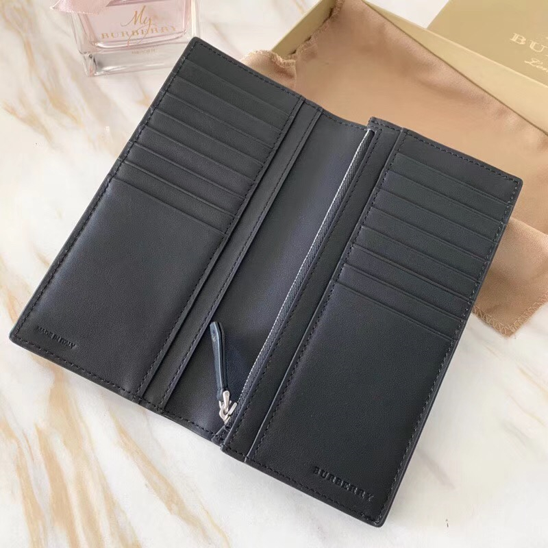 Burberry巴寶莉 全皮壓花徽章 雙折長款 拼色錢夾 黑色