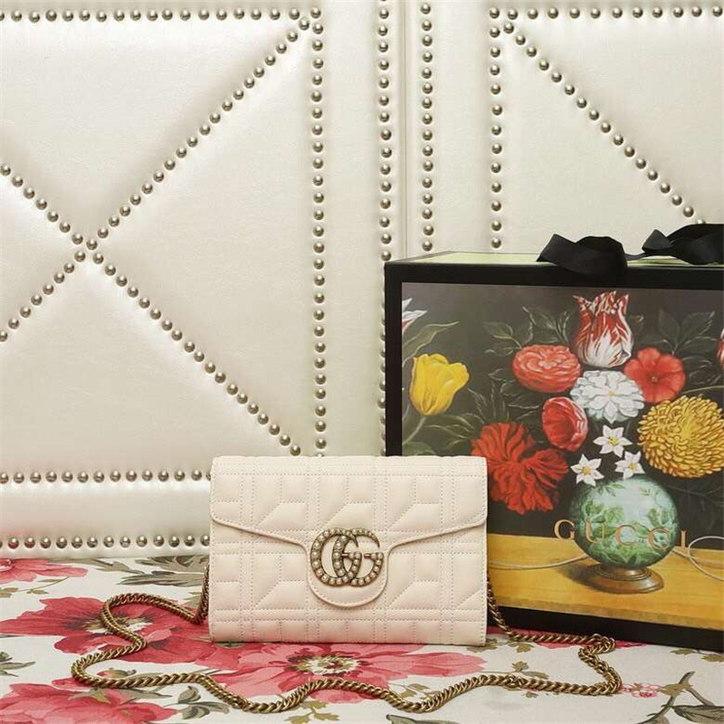 443122 Gucci鏈條包 雙G珍珠扣翻蓋 古馳斜跨女包 白色