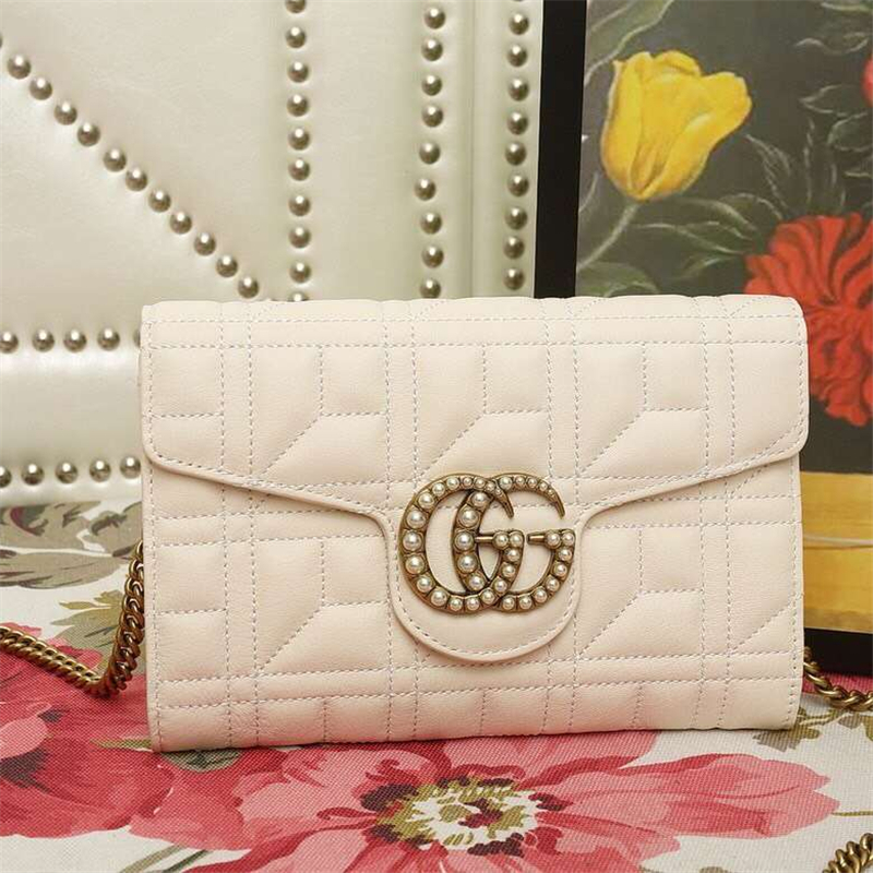 443122 Gucci鏈條包 雙G珍珠扣翻蓋 古馳斜跨女包 白色
