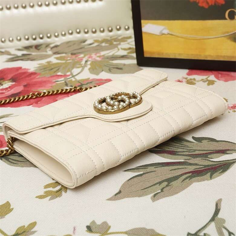 443122 Gucci鏈條包 雙G珍珠扣翻蓋 古馳斜跨女包 白色