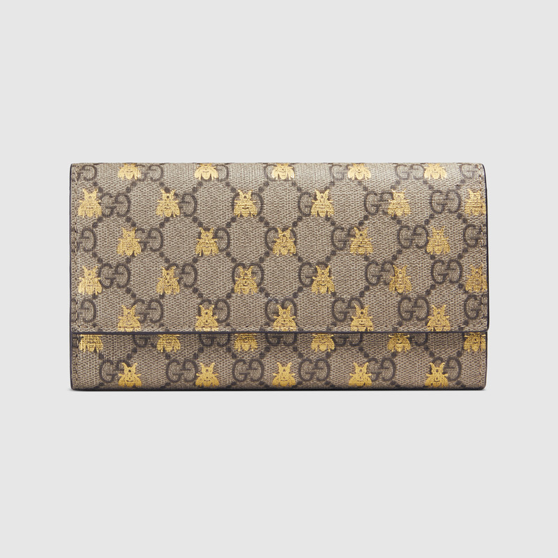 410100 Gucci 古馳錢包 蜜蜂圖案 高級人造帆布 長款錢包 淺啡色