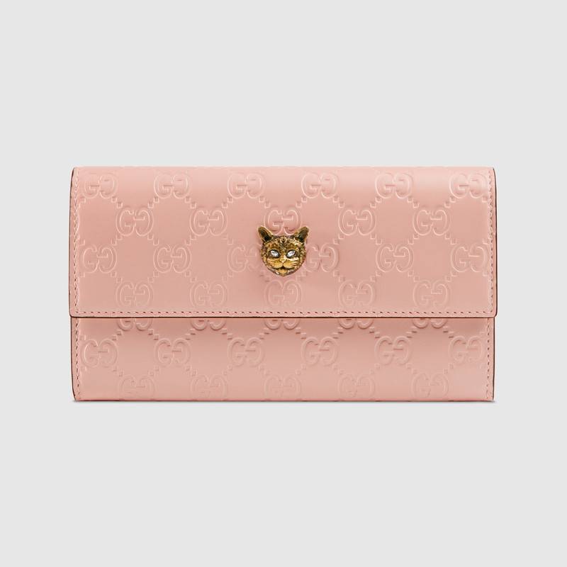548055 Gucci Signature系列 壓印皮革 貓頭圖案 長款錢包 粉色