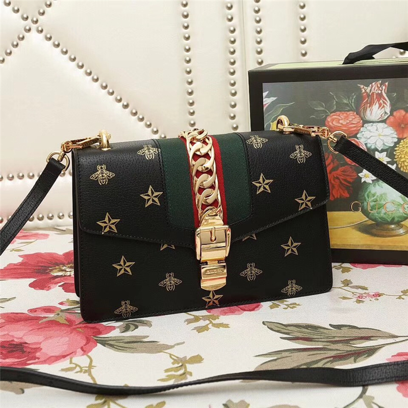 524405 Gucci女包 古馳牛皮包包 星星蜜蜂圖案 蝴蝶結織帶 古馳單肩包 黑色