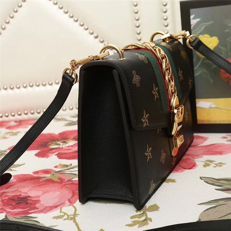 524405 Gucci女包 古馳牛皮包包 星星蜜蜂圖案 蝴蝶結織帶 古馳單肩包 黑色