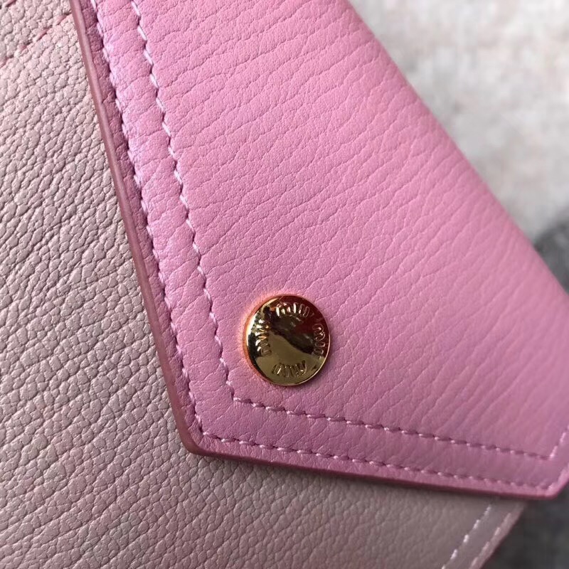 5MH014 MiuMiu錢包 繆繆拼色錢夾 進口牛皮山羊紋 三折信封短款錢包 粉色