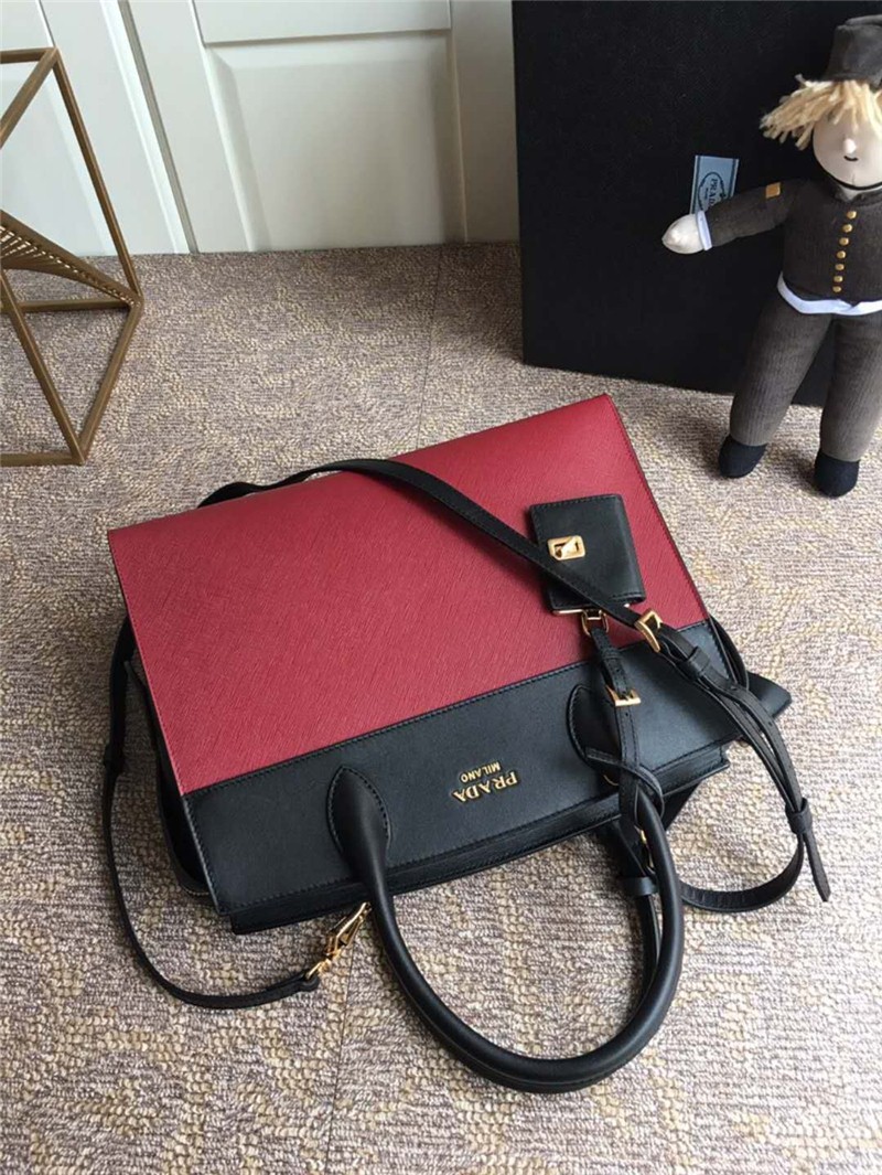 lBA047 Prada普拉達 小牛皮 拼色拼皮 手提肩包 酒紅