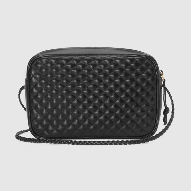 541051 Gucci女包 小號(hào) 絎縫皮革 古馳背包 紅綠條紋織帶 肩背包 黑色