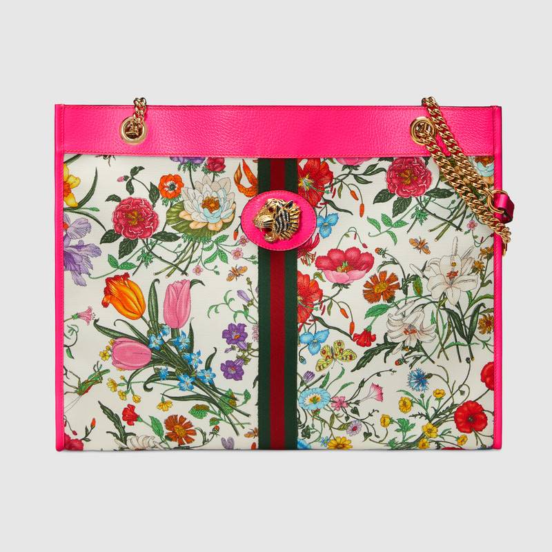 537219 Gucci女包 古馳手袋 紅綠織帶 虎頭裝飾 大號(hào) 古馳購(gòu)物袋 粉色