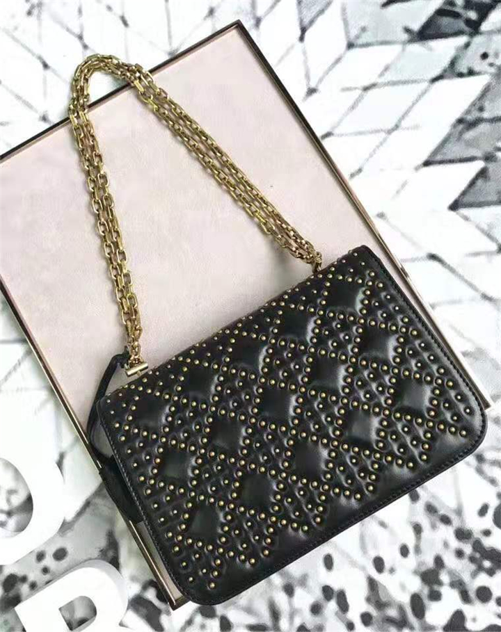 M5819 Dior Addict柳釘包 藤格紋鉚釘 翻蓋鏈條 迪奧小方包 黑色