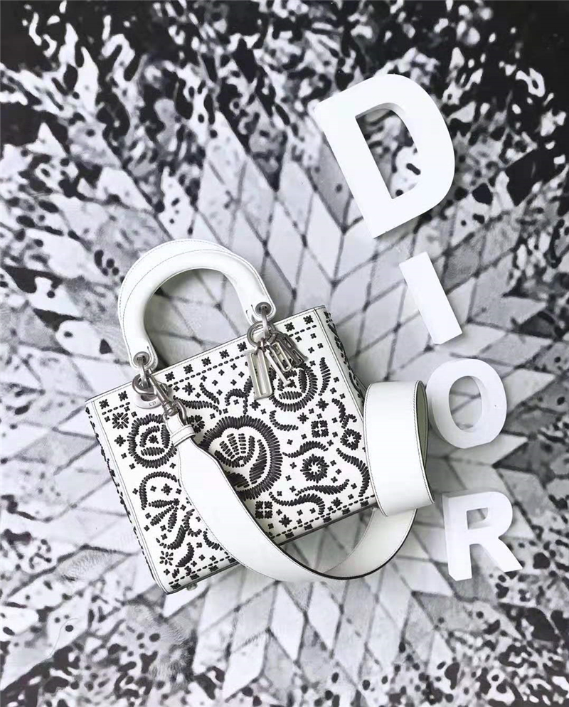 M0599 Lady Dior女包 光滑小牛皮 花卉刺繡 迪奧袖珍手提包 白色