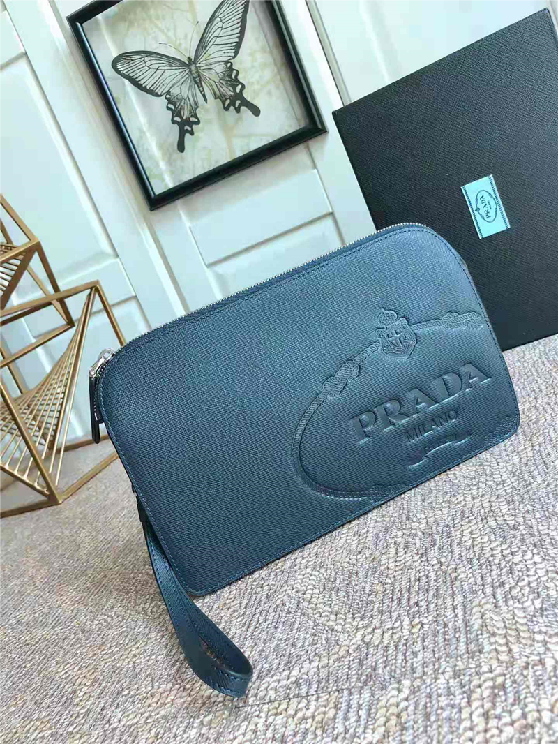 2VF056 Prada男款手包 Saffiano十字紋牛皮 絲印徽標 普拉達手拿包 藏藍色