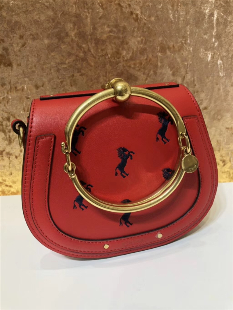 Chloe Nile IT包 進口牛皮 小號 小馬刺繡圖案 手鐲式提手 珂洛伊手袋 紅色