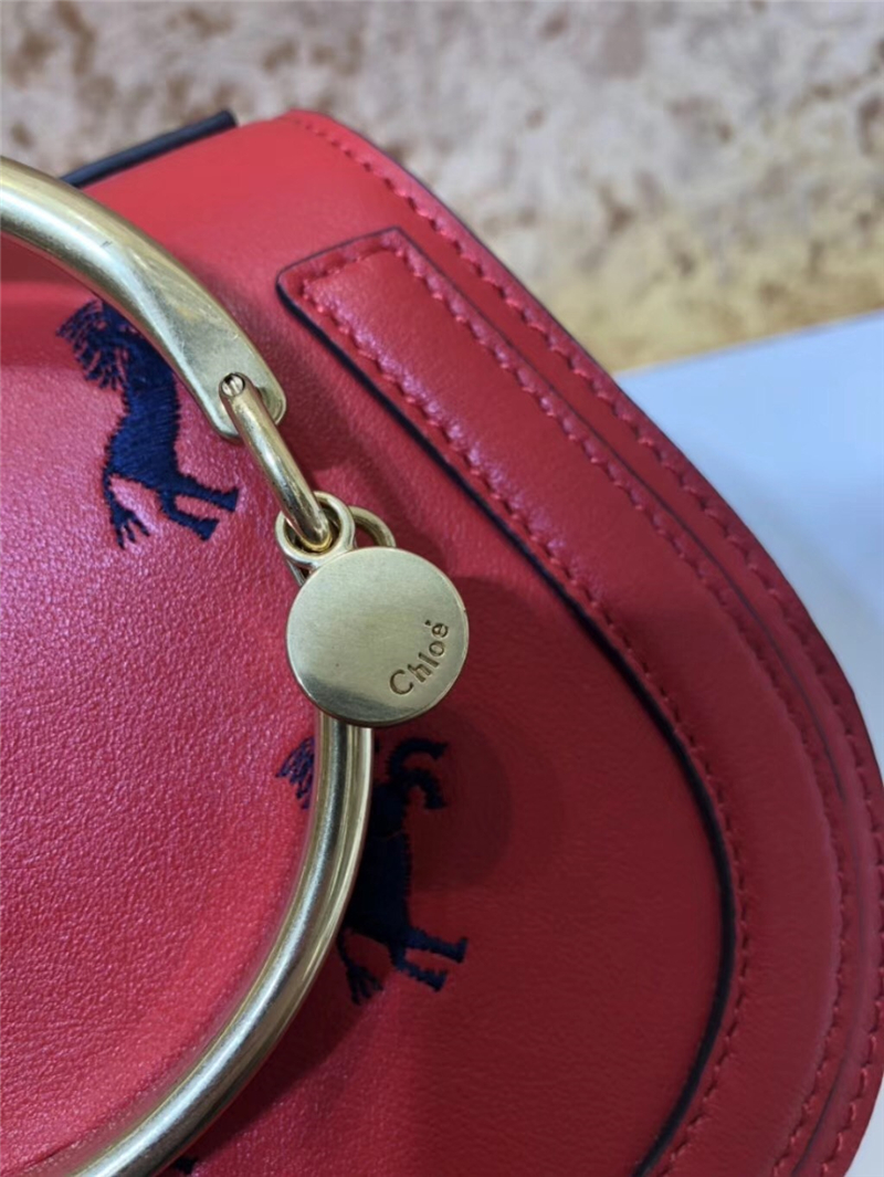 Chloe Nile IT包 進口牛皮 小號 小馬刺繡圖案 手鐲式提手 珂洛伊手袋 紅色