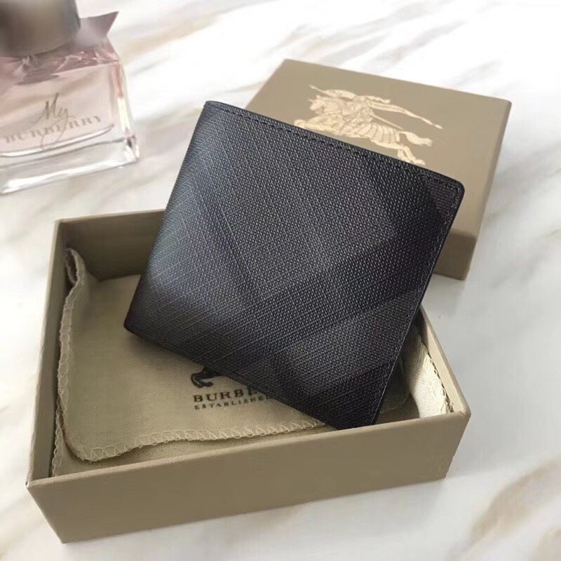 80060611 Burberry男款錢夾 London格紋拼皮革 短款 巴寶莉雙折西裝夾 啡色