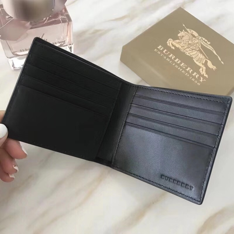 80060611 Burberry男款錢夾 London格紋拼皮革 短款 巴寶莉雙折西裝夾 啡色