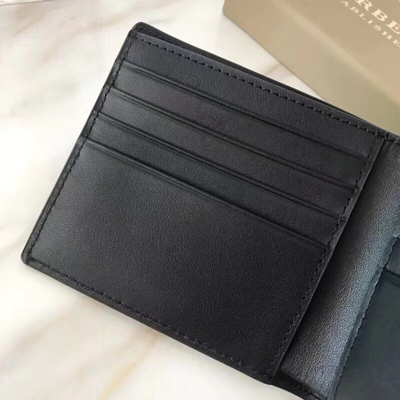 80060611 Burberry男款錢夾 London格紋拼皮革 短款 巴寶莉雙折西裝夾 啡色