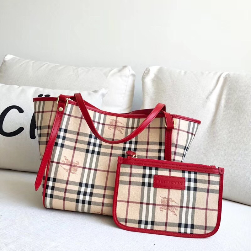 Burberry子母包 經典戰馬格紋 巴寶莉托特包 手提單肩購物袋 紅色