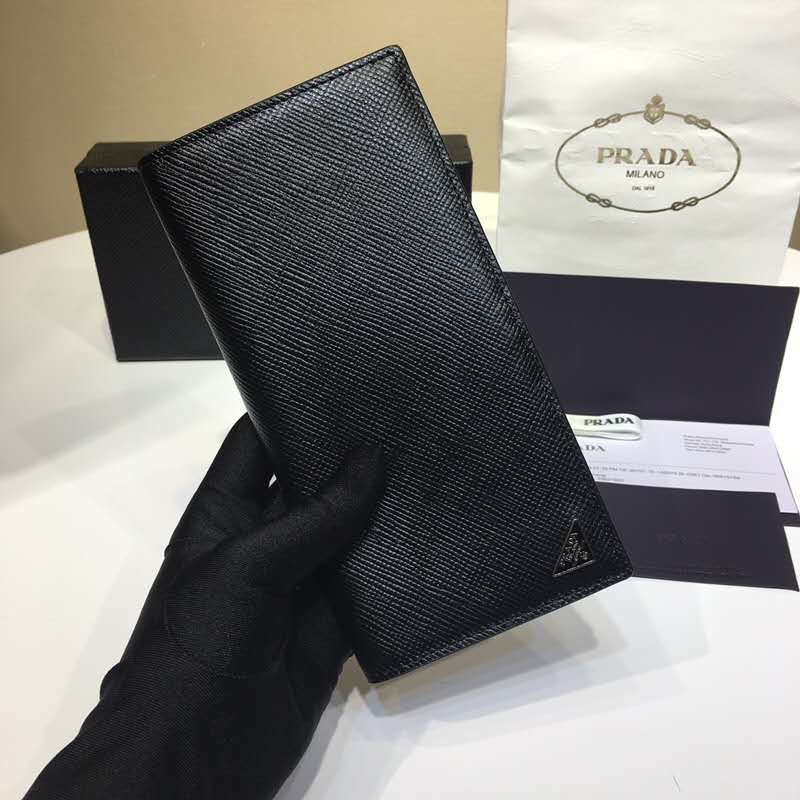Prada普拉達 Saffiano粗紋牛皮 Prada長款雙折錢夾 黑色